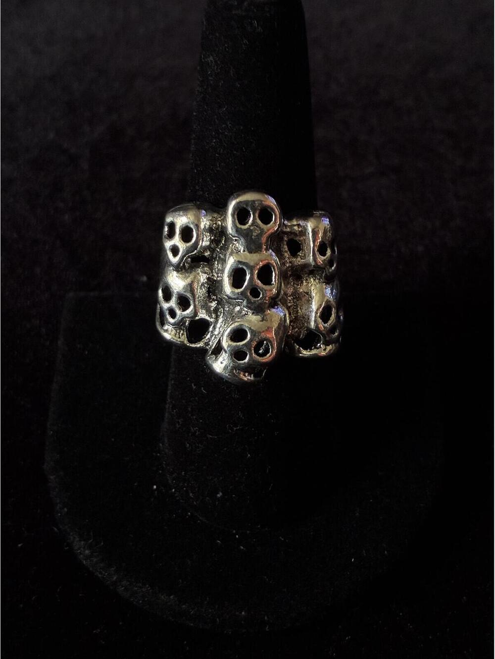 Gothic Pile of Skulls Cluster Ring - Wide Oxidized Biker Band Sz 8.5